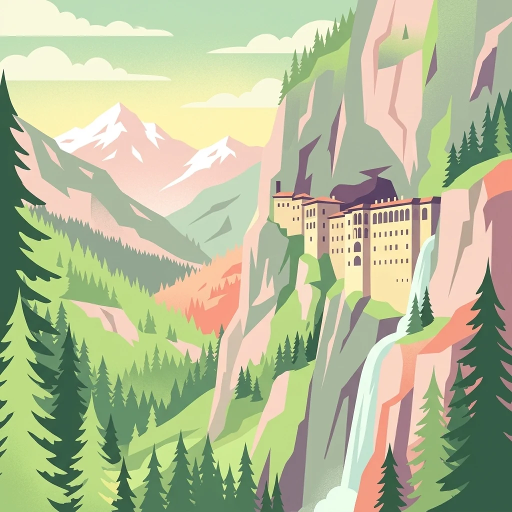 Ilustración que muestra un edificio sobre un acantilado con montañas, bosques y una cascada al fondo