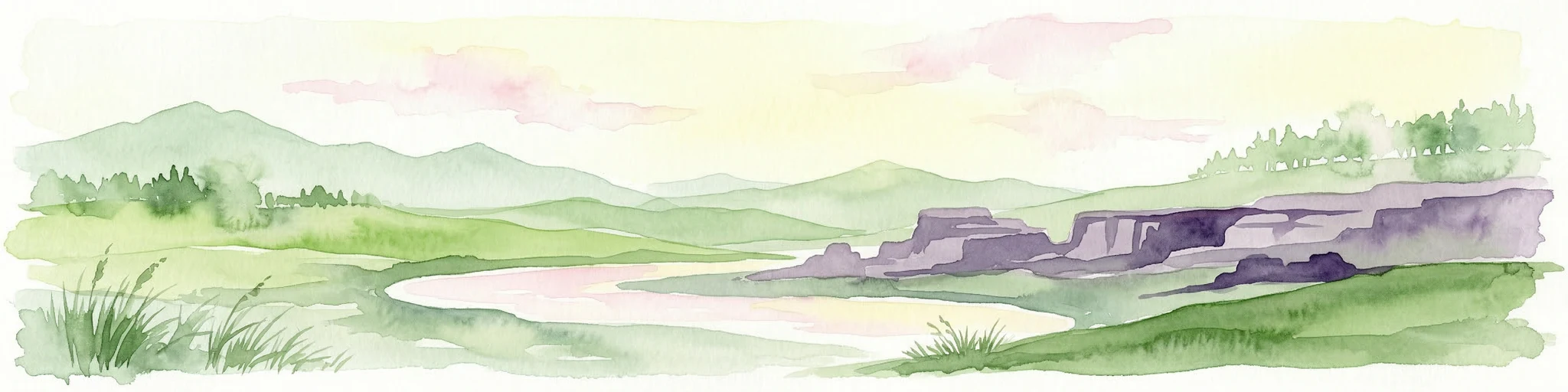 Ilustración acuarela que muestra un paisaje de valle con un lago, montañas y un primer plano de hierba