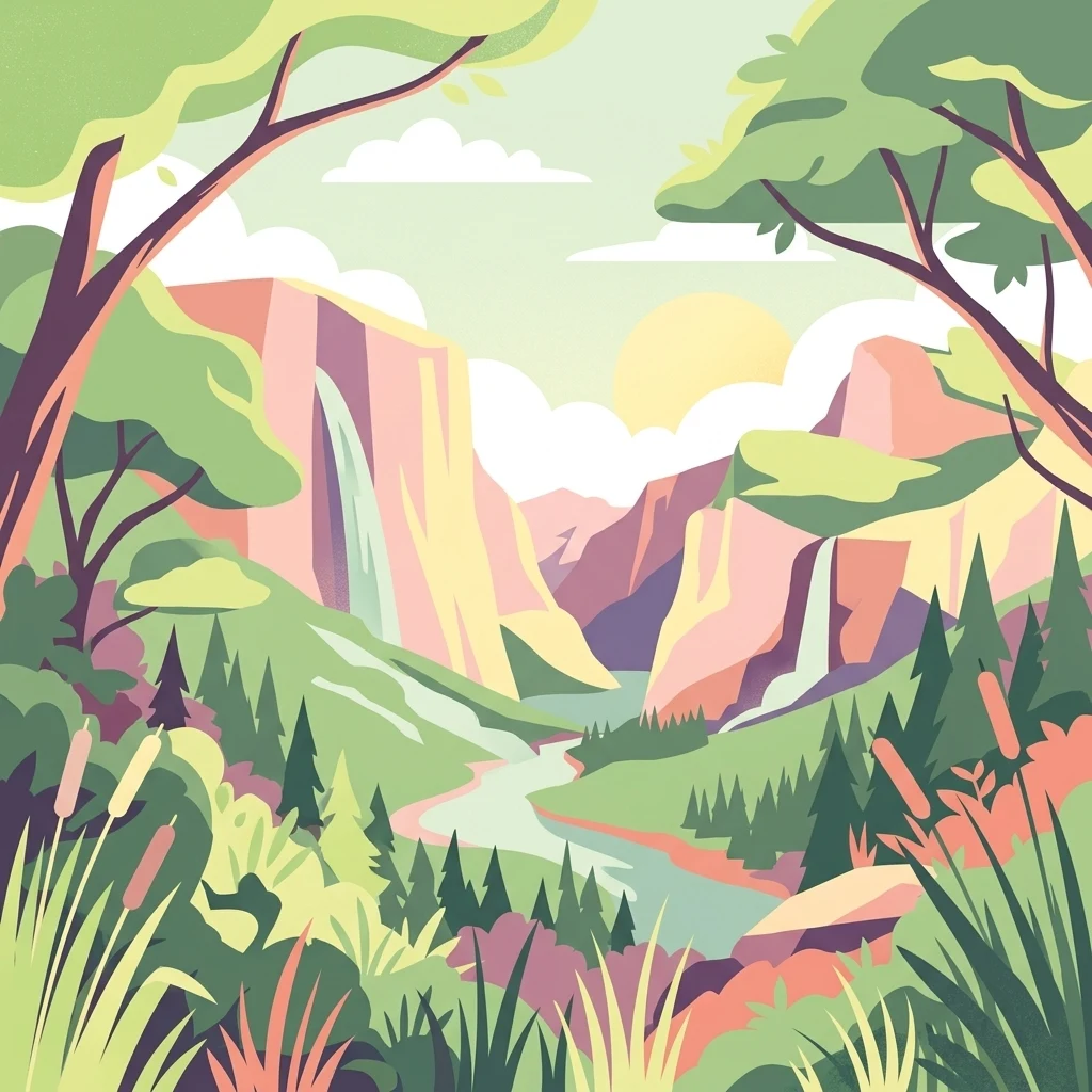Ilustración digital estilizada de un valle entre acantilados escarpados con cascadas y un río serpenteante enmarcado por árboles y vegetación de marisma.