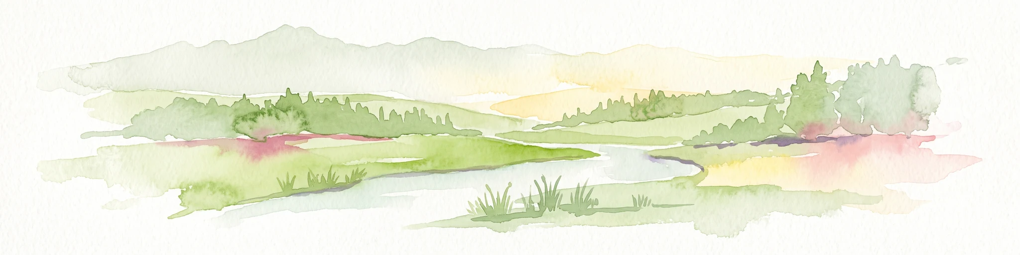 A soft, delicate watercolor painting depicting a meandering river flowing through a lush, grassy wetland landscape with rolling hills in the background.