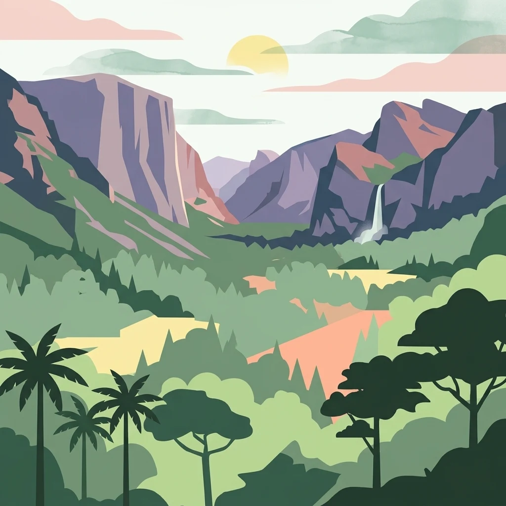 Ilustración digital de un valle entre montañas púrpuras escarpadas, con una cascada lejana, palmeras en primer plano y suaves nubes pastel en el cielo.