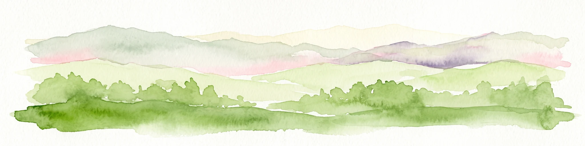 Una ilustración en acuarela de colinas verdes en capas y crestas montañosas lejanas, representadas en suaves tonos pastel sobre un fondo blanco.