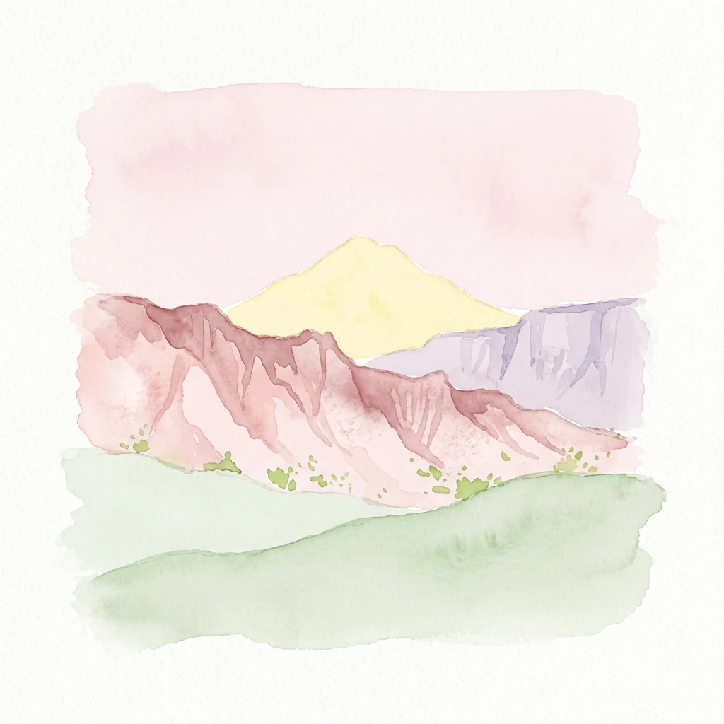 Watercolor painting depicting a mountain with pink, yellow, purple, and green layers