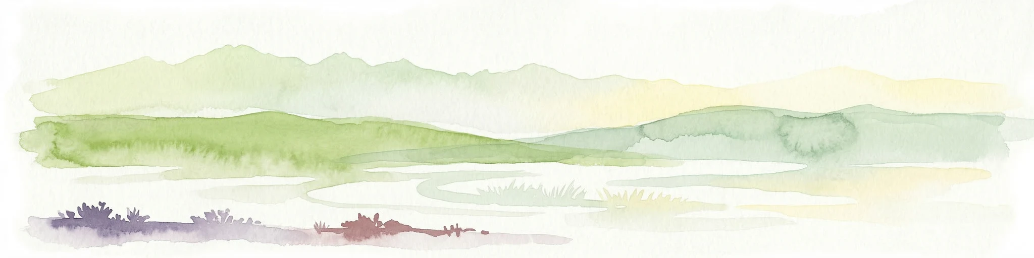 Ilustración de acuarela que muestra colinas onduladas, montañas distantes y vegetación escasa