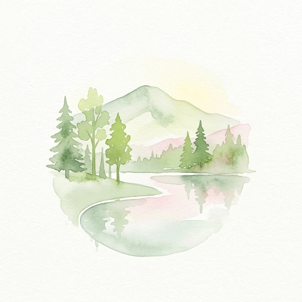 Ilustración de acuarela que muestra un lago reflejando montañas y árboles boscosos