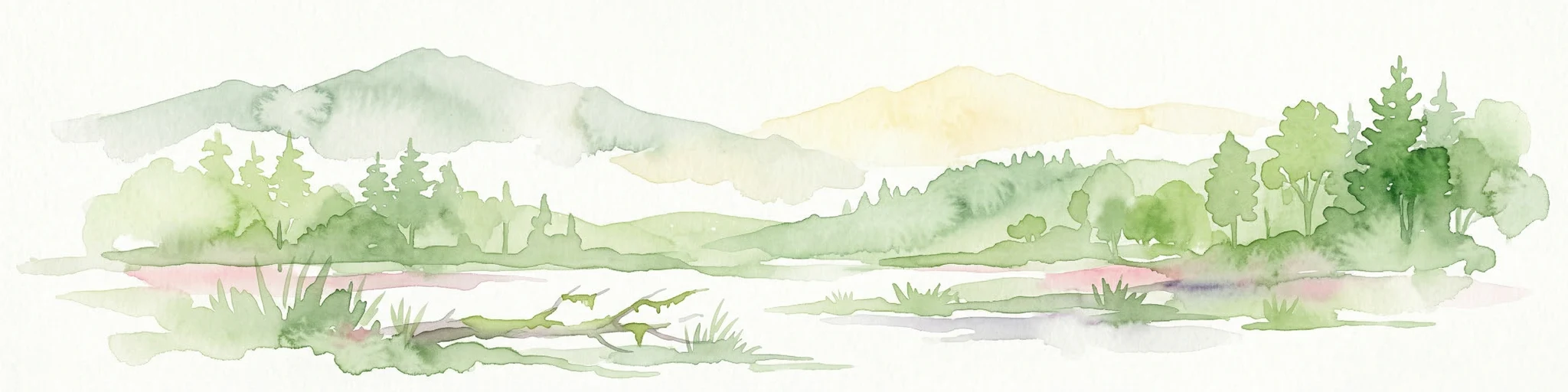 Ilustración en acuarela de un lago, bosques y colinas