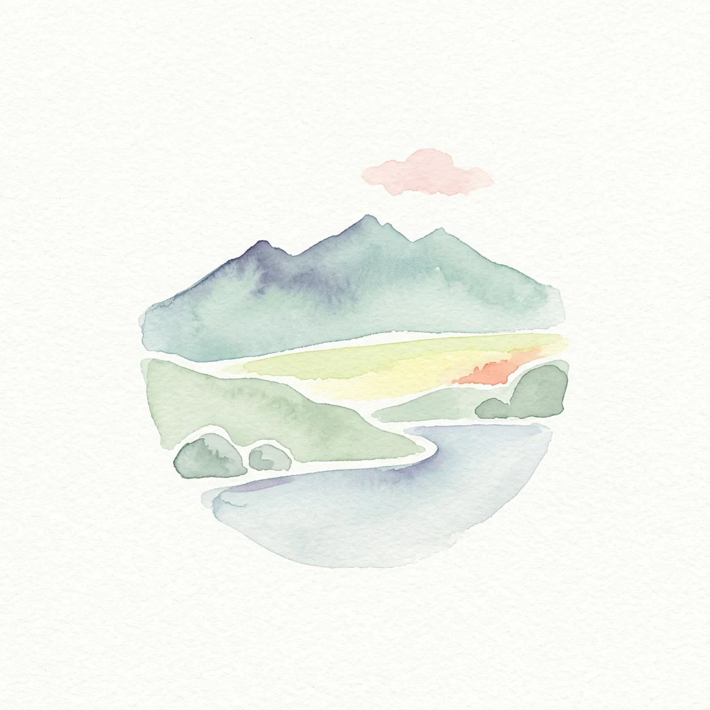 Watercolor illustration of mountains, a river, and hills with a pink cloud in a circular frame.