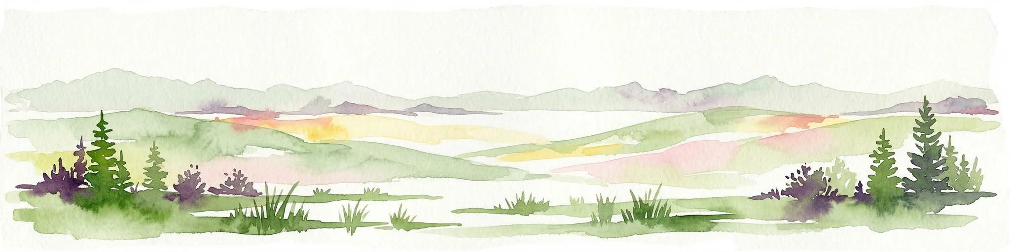 Ilustración de paisaje acuarela con montañas, bosques, campos y árboles