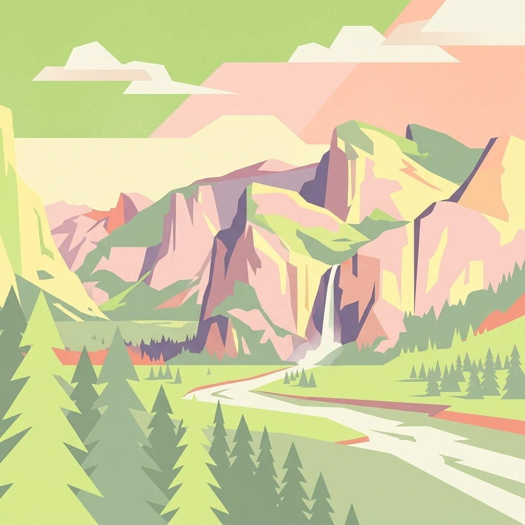 A minimalist flat illustration of a mountain valley with pine trees, a winding river, and a waterfall.