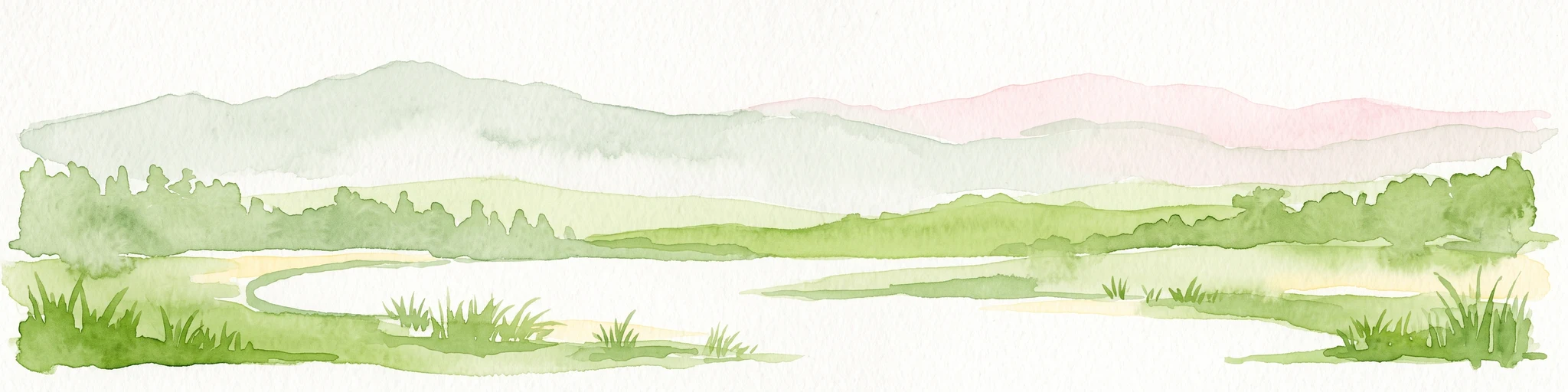 A watercolor painting showing a soft green wetland with calm water, grassy shorelines, and distant rolling hills in pale pink and green hues.