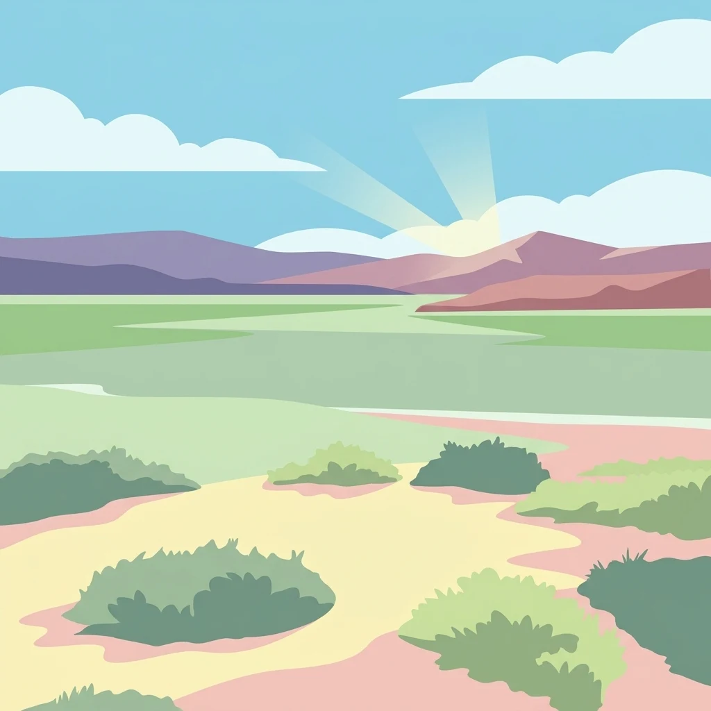 A flat style digital illustration of a wetland landscape featuring green and sandy terrain with distant hills under a blue sky with stylized sun rays.