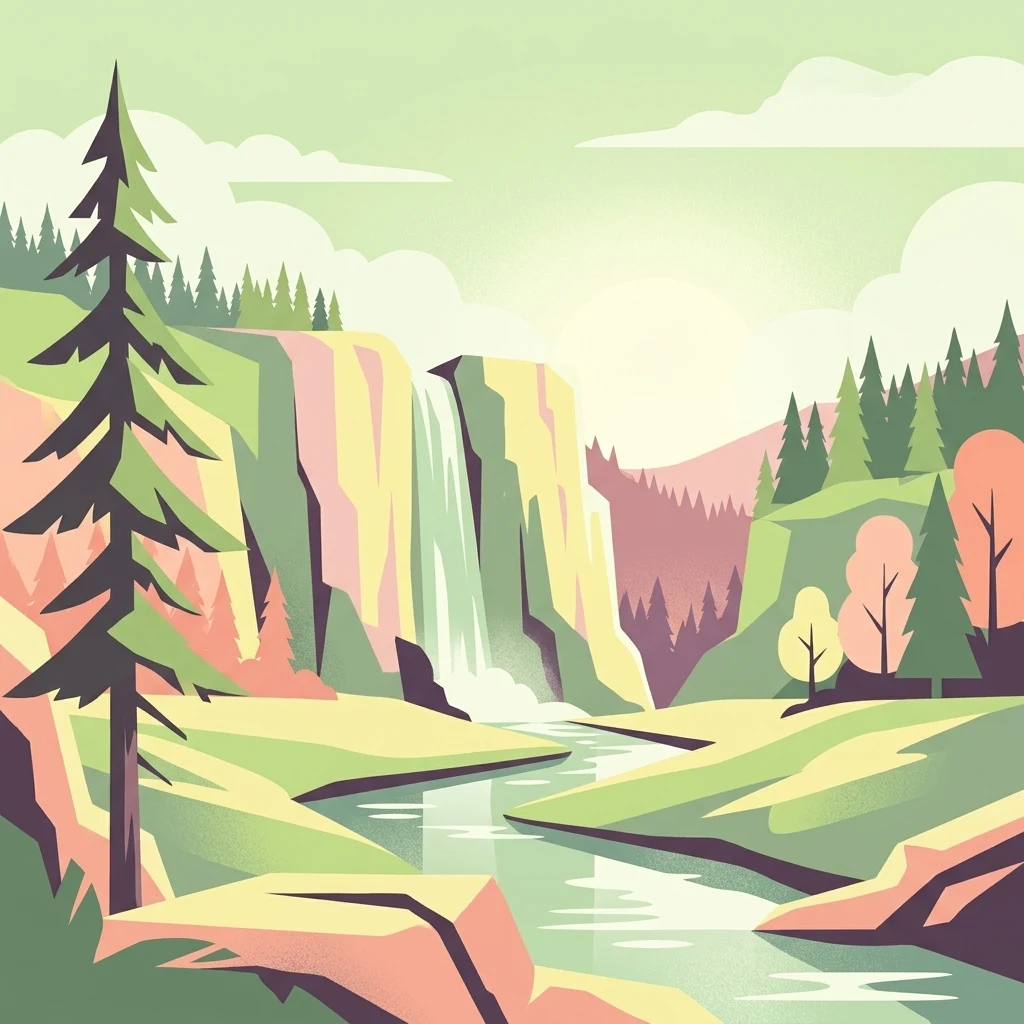 Una ilustración digital de estilo plano que muestra una cascada alta que cae por un acantilado hasta un río, flanqueada por árboles de hoja perenne y colinas onduladas en una paleta de colores pastel suaves.