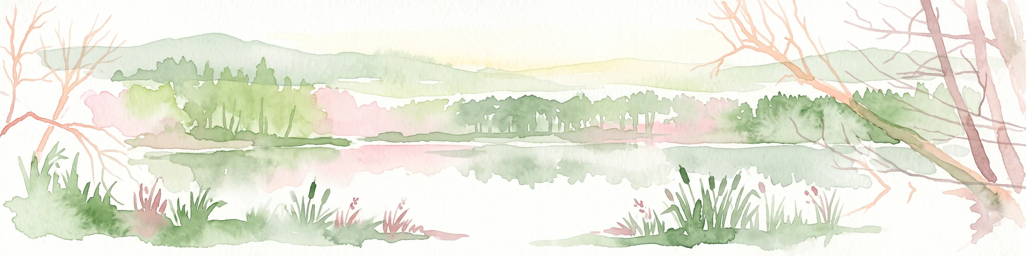A pale, soft watercolor landscape painting of a quiet lake with shoreline reeds, trees in the background, and branches framing the scene on the sides.