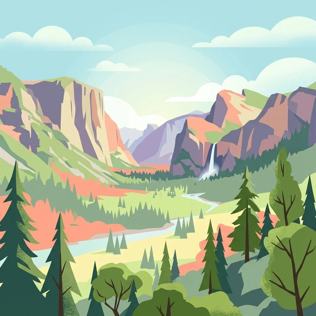 Una ilustración digital de estilo plano de un valle de montaña con acantilados escarpados, una cascada, un río y un bosque de pinos bajo un cielo despejado.