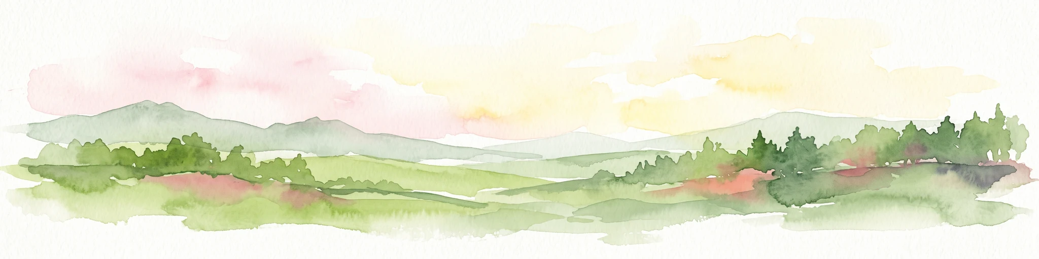 A watercolor painting of a rolling green landscape with forest patches and distant mountains under a soft sunset sky.