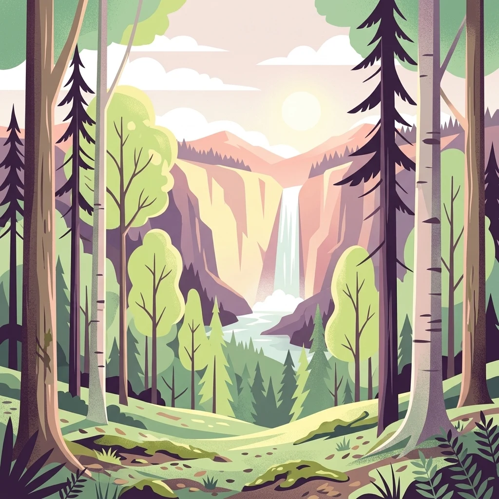 A flat-style digital illustration showing a lush forest in the foreground framing a distant waterfall cascading down a rocky mountain canyon during the day.