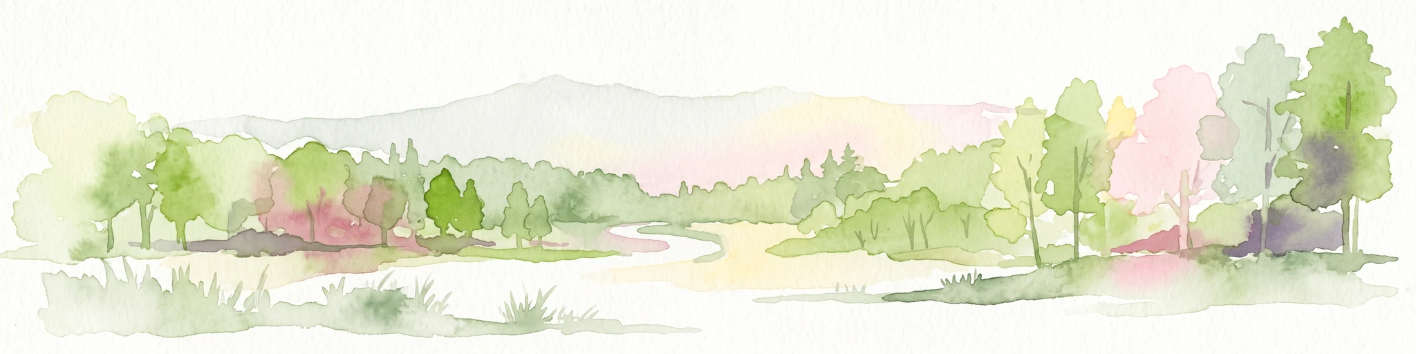 Una ilustración horizontal en acuarela de un paisaje suave con árboles dispersos, follaje verde delicado y tenues contornos de montañas al fondo.