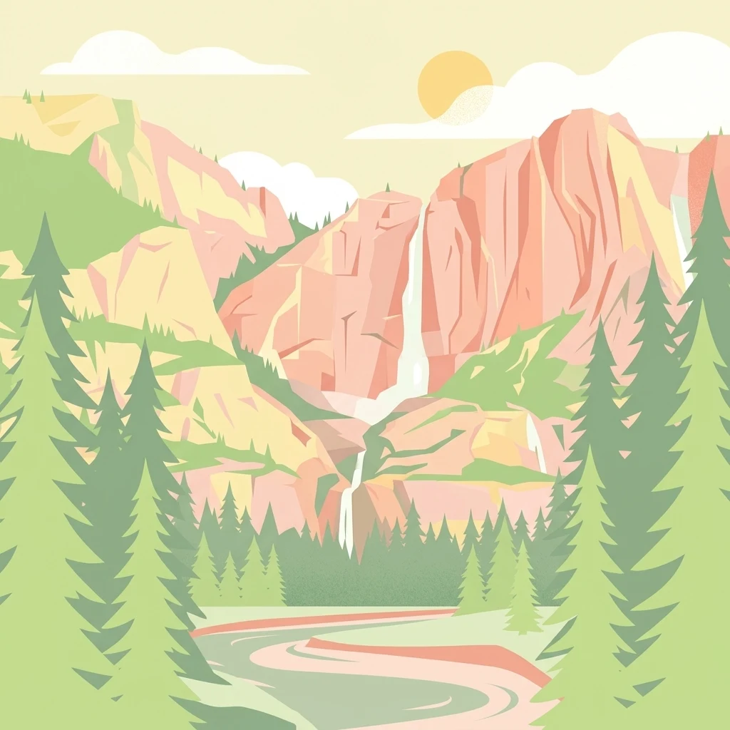 A minimalist, flat-style vector illustration showing a winding path in the foreground leading toward a valley with tall cliffs, waterfalls, and pine trees under a pale sky with a sun.