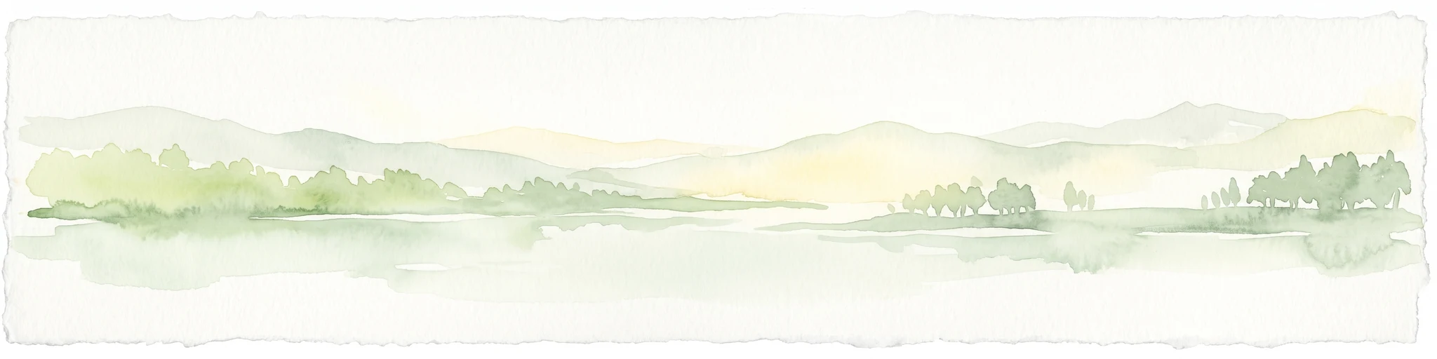 Una pintura en acuarela que muestra un paisaje sereno con agua tranquila, pequeñas islas de árboles y colinas onduladas al fondo.