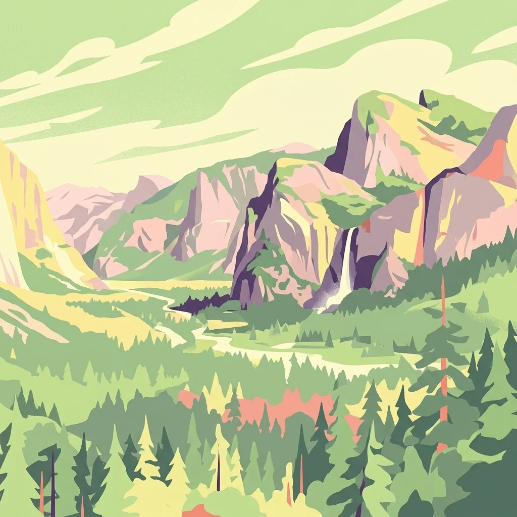 An illustrative style digital painting showing a mountain valley with steep rock faces, a small waterfall, and a dense evergreen forest in the foreground.