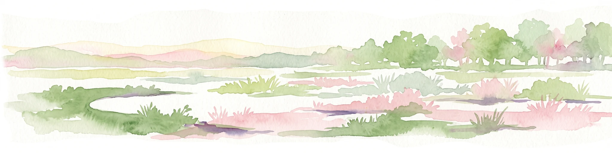 Una pintura horizontal en acuarela que representa un paisaje de pradera suave y luminoso, con árboles dispersos, vegetación baja y zonas de agua.