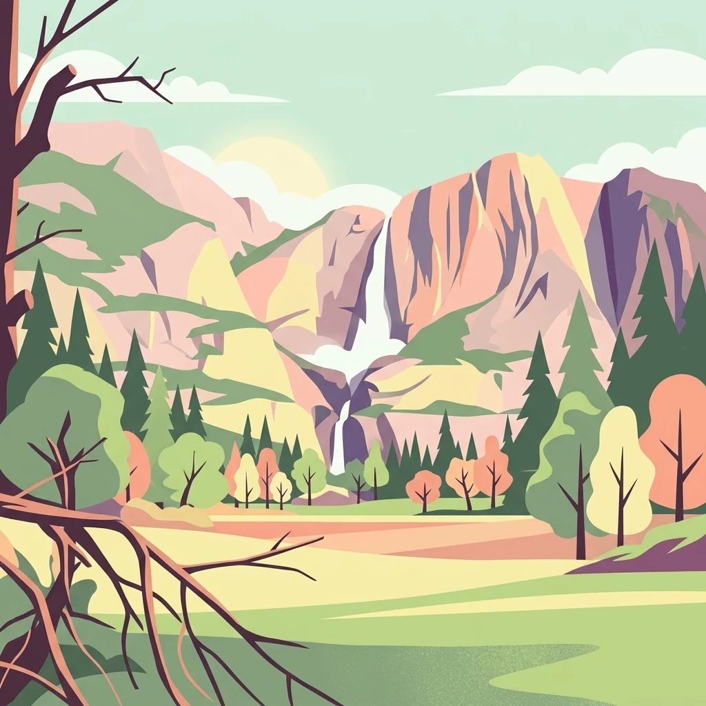 Una ilustración en un estilo de arte gráfico plano y estilizado que muestra un valle amplio con pinos en primer plano, acantilados montañosos escarpados al fondo y una cascada central escalonada.