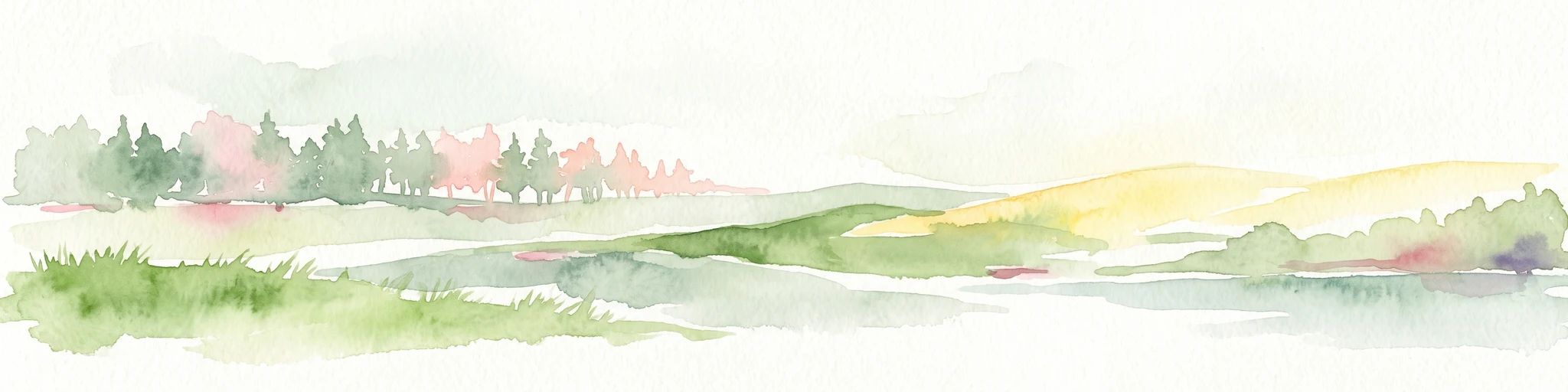 Ilustración en acuarela de un paisaje suave y ondulado con campos de hierba, árboles dispersos y colinas ondulantes en tonos de verde y amarillo.