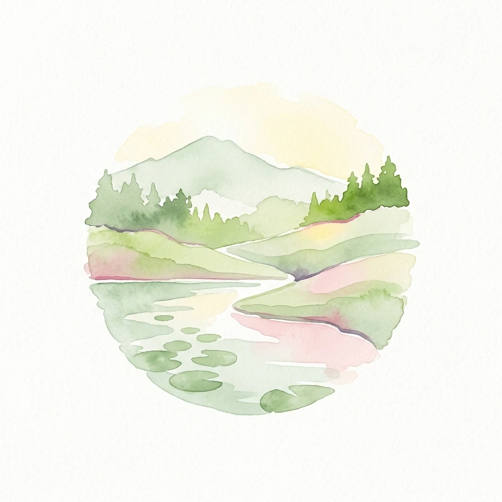 Watercolor illustration showing mountains, trees, a river with lily pads, and a soft sky