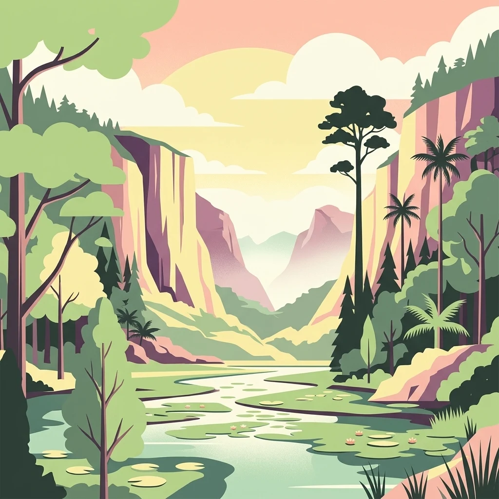 Ilustración que muestra un río fluyendo a través de un valle con acantilados a ambos lados, varios árboles, incluyendo palmeras, y montañas al fondo