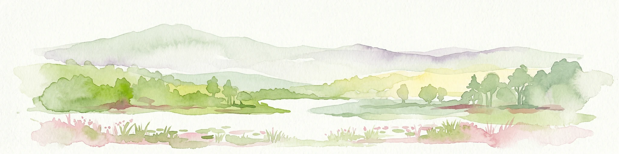 Ilustración de acuarela de un paisaje con montañas, un lago, árboles y flores rosas en primer plano