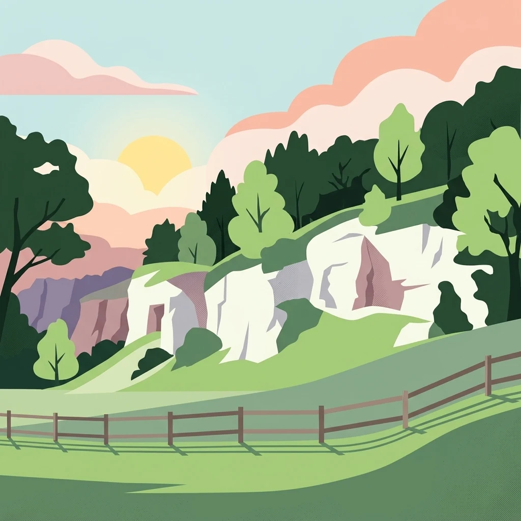 A stylized flat illustration of an old chalk quarry featuring white limestone cliffs surrounded by lush green hills, trees, and a wooden fence, set under a pastel sunset sky.