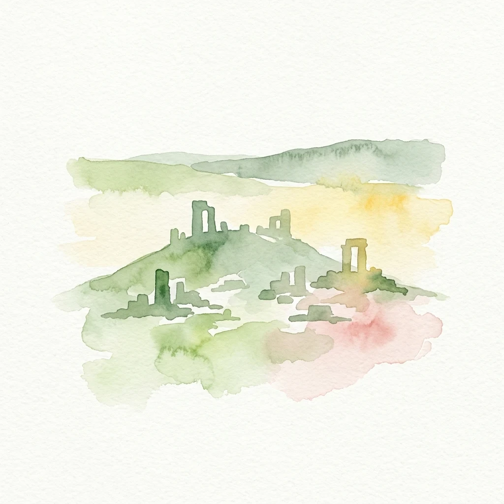 Watercolor illustration of ancient stone ruins on a hill with green, pink, and yellow washes