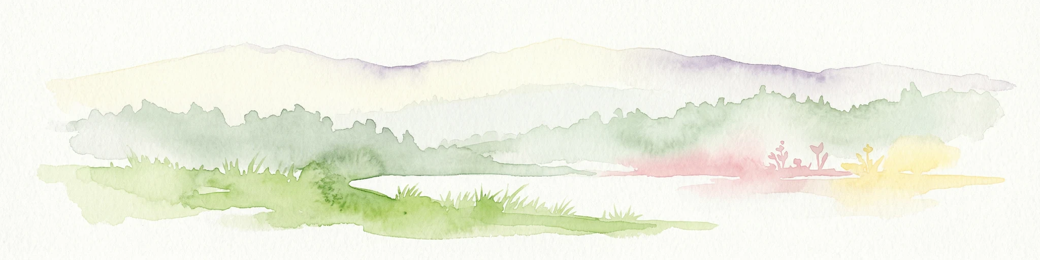 Ilustración de acuarela de un paisaje con colinas onduladas, árboles y una pequeña masa de agua