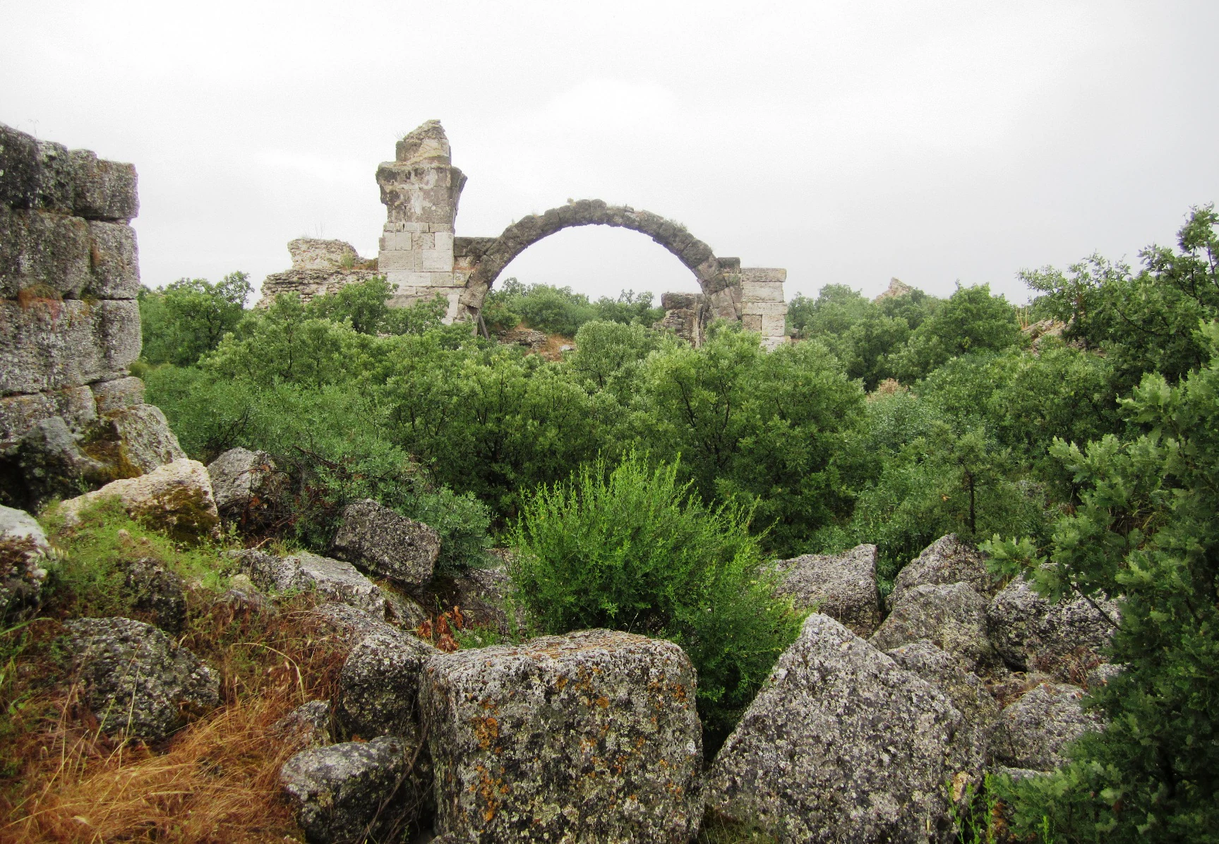 Stone arch ruins of Alexandria Troas with scattered boulders and dense vegetation under overcast sky