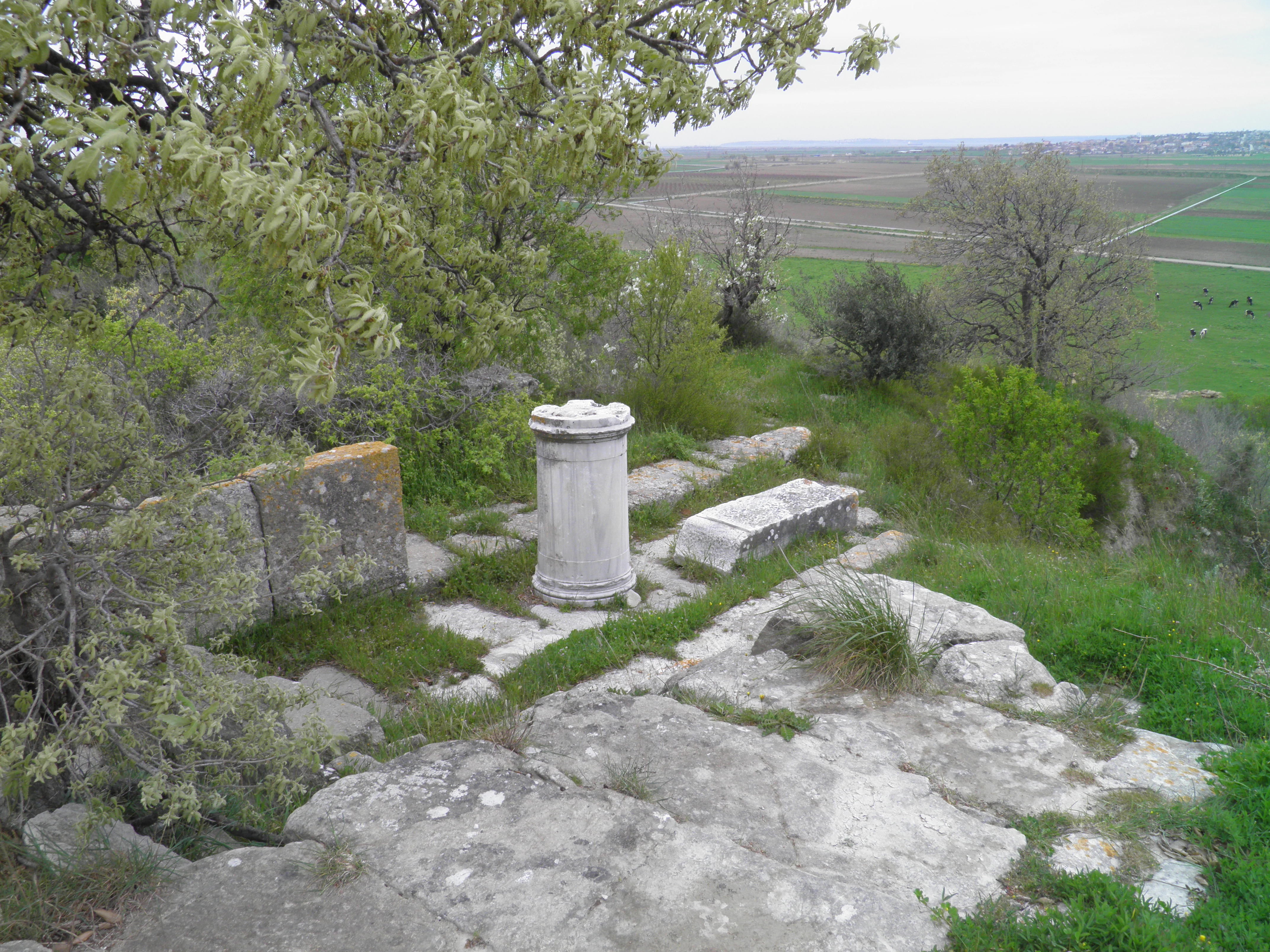 Stone ruins including a cylindrical column base and scattered stone fragments on a grassy hillside with trees and distant fields