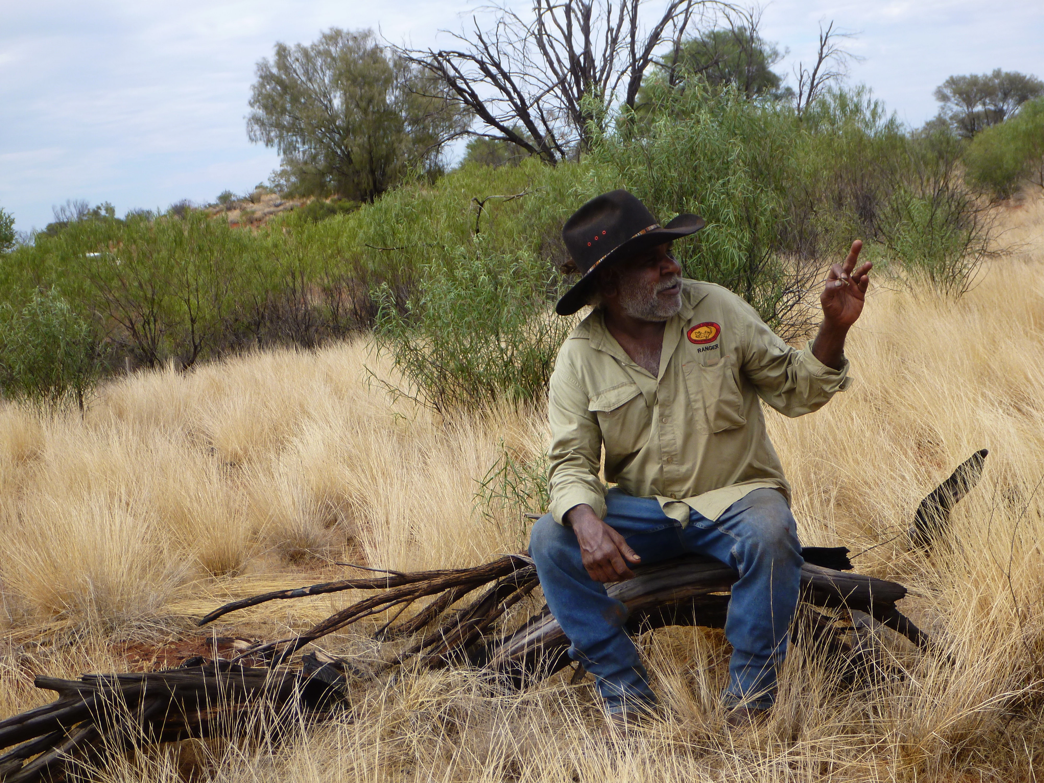 A park ranger in a khaki shirt and hat sits on a fallen log in a field of dry, golden grass, gesturing towards the landscape.