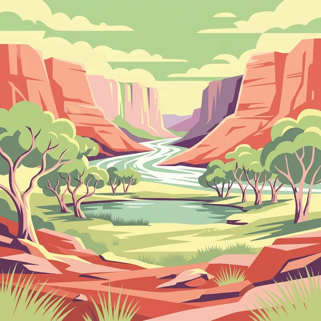 A digital illustration depicting a red rock canyon landscape with a river flowing through it, a small pond in the foreground, and sparse trees in an arid environment.
