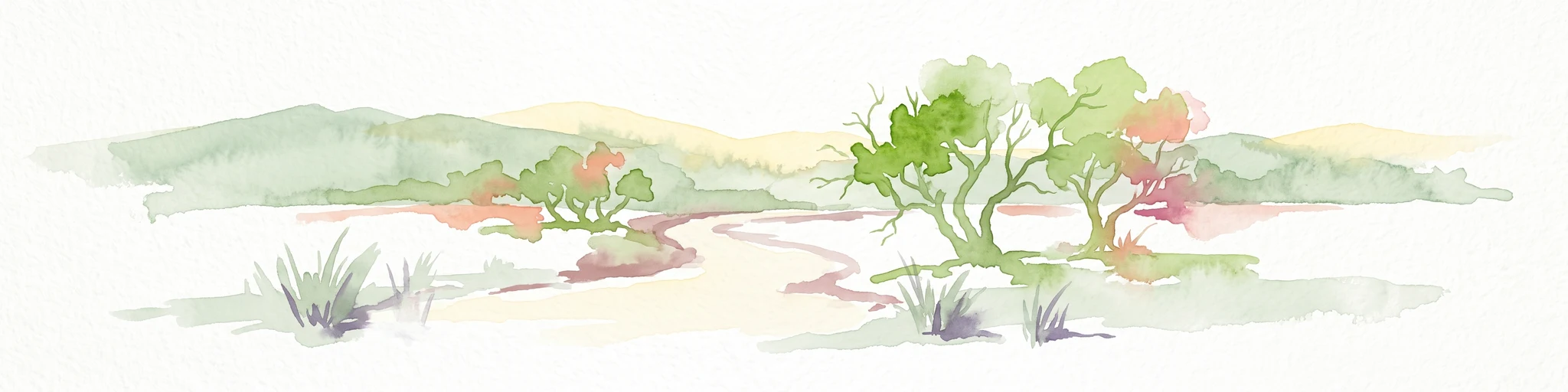 A soft watercolor illustration of a wide, arid landscape with sparse trees, low shrubs, and rolling hills in the background.