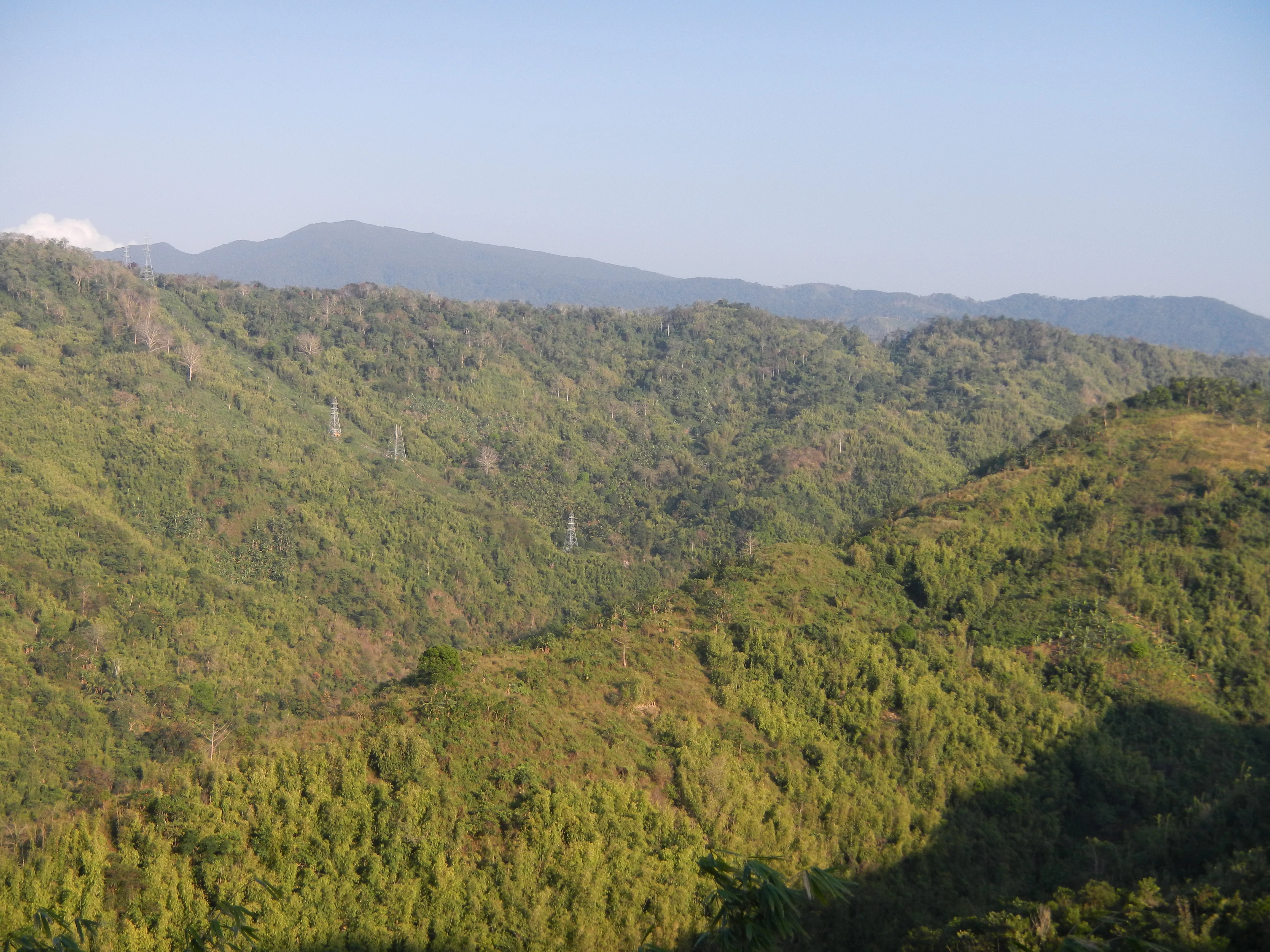 A wide-angle view of rolling, green, tree-covered hills and mountains under a clear sky.