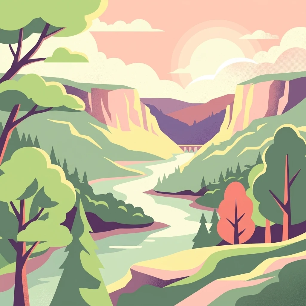 Digital vector illustration of a river winding through a lush green valley between canyon walls at sunset.