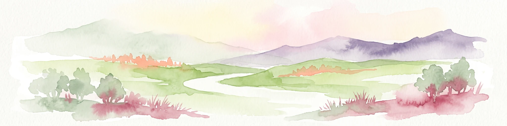 A soft, artistic watercolor painting depicting a winding river flowing through a lush green valley with distant mountain ranges.