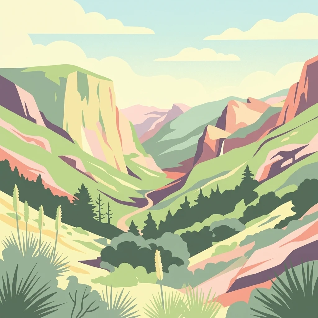 A stylized vector-style illustration of a deep mountain canyon with winding paths, pine trees, and yucca plants in the foreground under a light blue sky with clouds.
