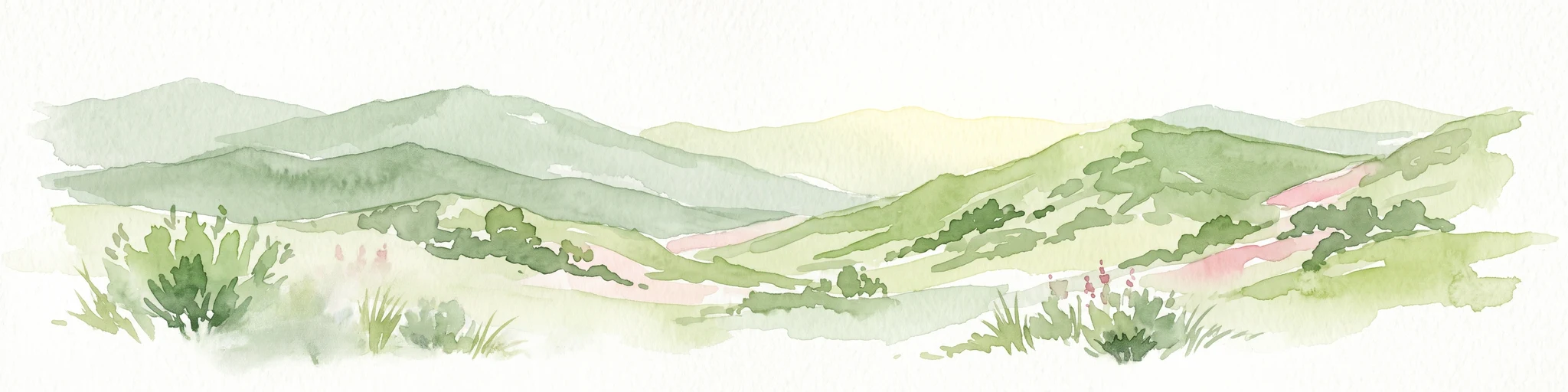 A soft, painterly watercolor illustration depicting layered green mountain ridges and rolling foothills under a bright, open sky.