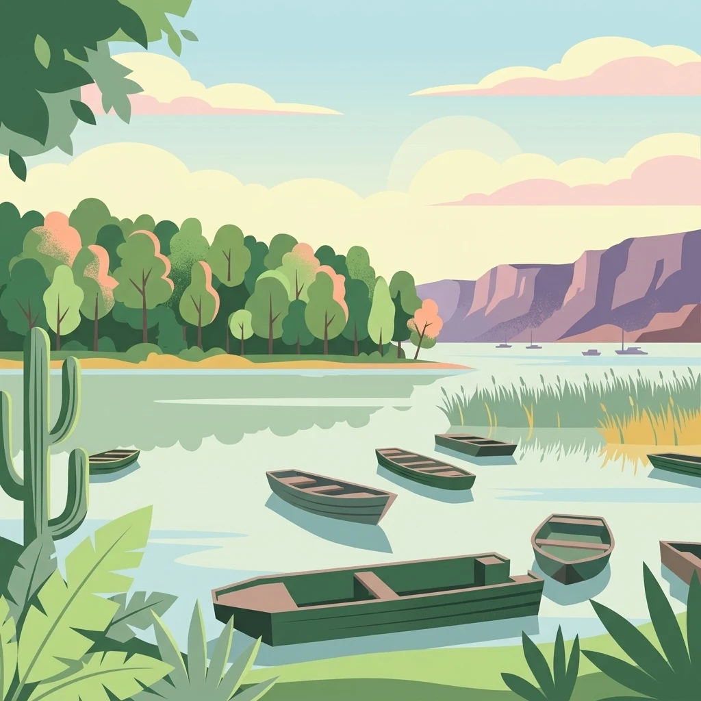 A stylized illustration of several small wooden boats floating on a calm river branch near a lush, tree-lined bank and a distant ridge, with cactus plants in the immediate foreground.