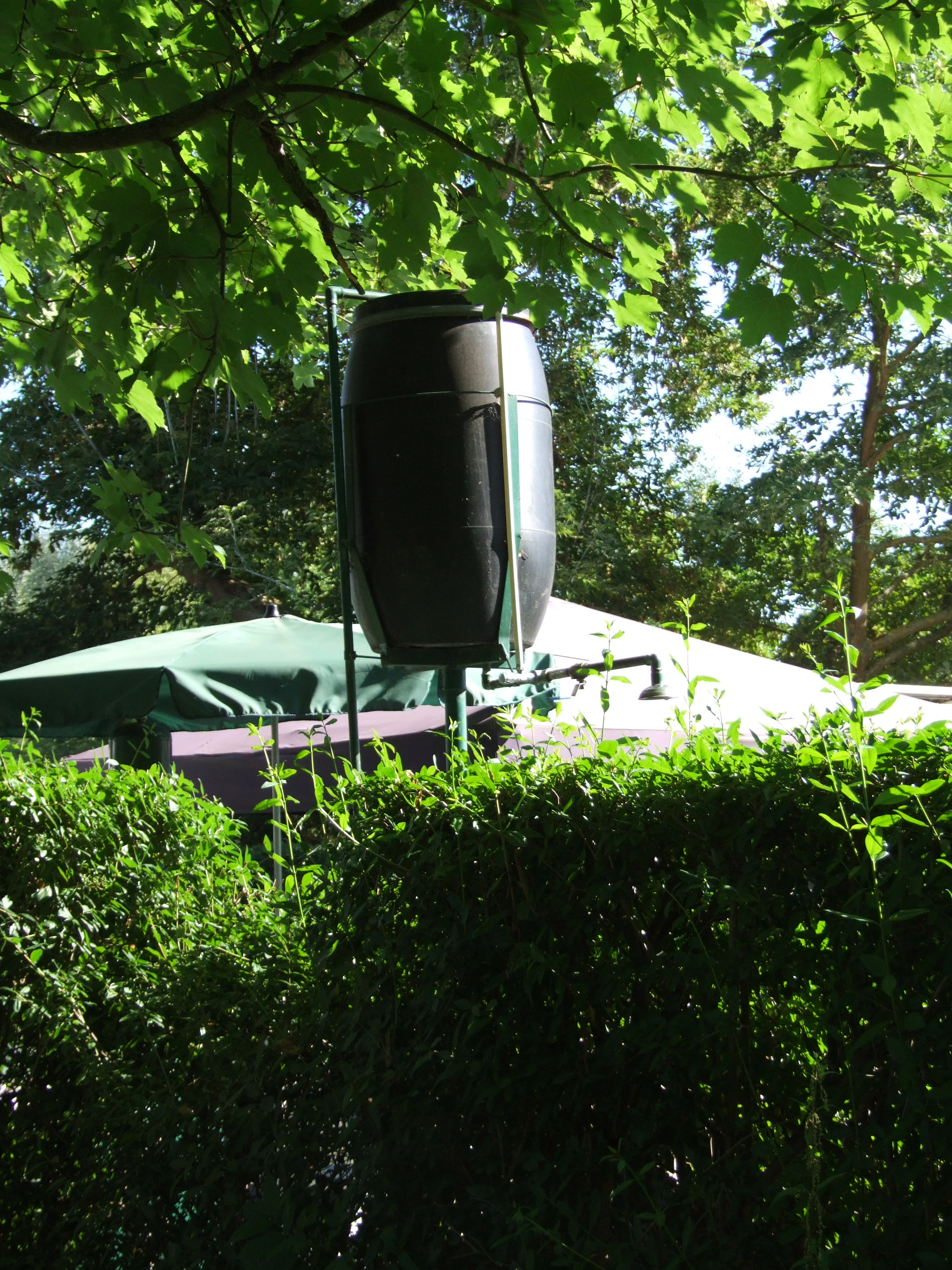 A black plastic solar shower tank mounted on a metal pole, positioned behind a green hedge, with trees and a white tent visible in the background.