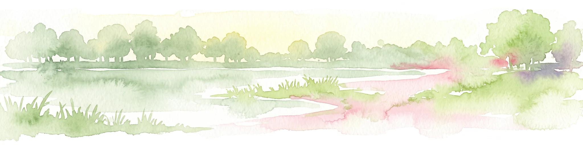 Acuarela que muestra una orilla de río tranquila con árboles verdes suaves y ligeros acentos de tierra rosados.
