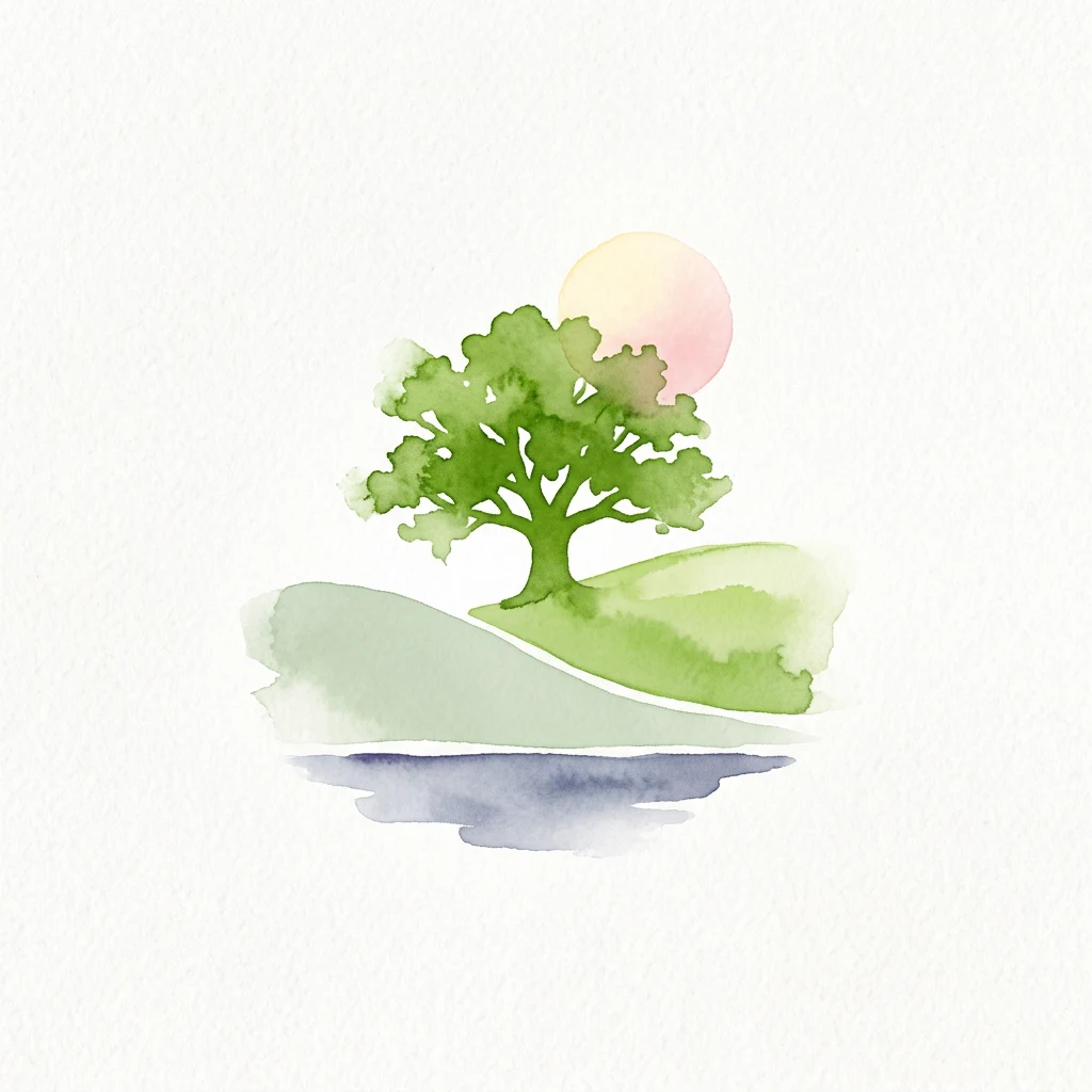 Ilustración acuarela de un árbol verde en una colina con un sol rosa y un reflejo de agua azul