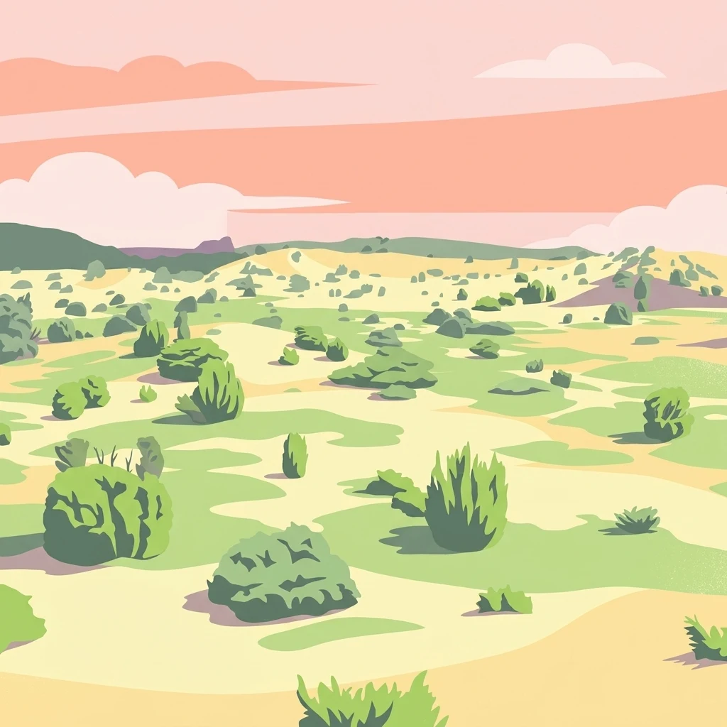 A stylized digital illustration showing a sparse landscape with scattered green bushes and shrubs on light green and beige ground, under a pink and peach sky with clouds.