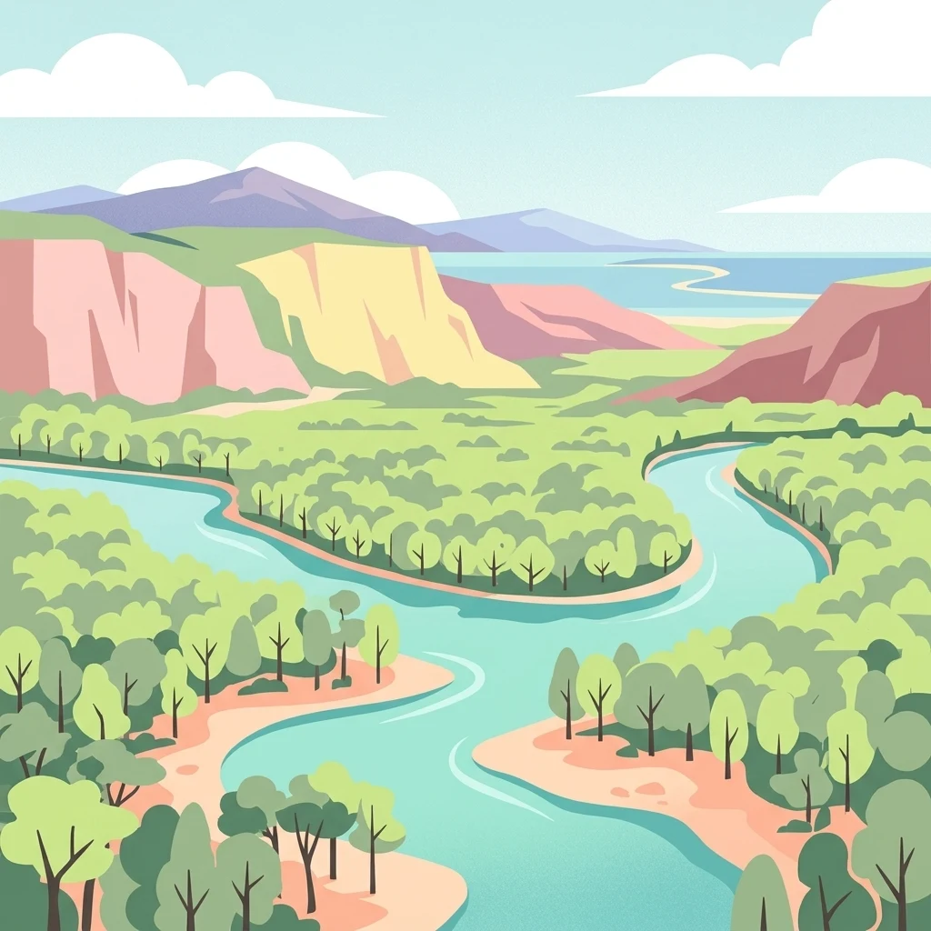 A flat-style vector illustration of a river meandering through a green landscape with forested banks and rocky hills in the background under a blue sky.