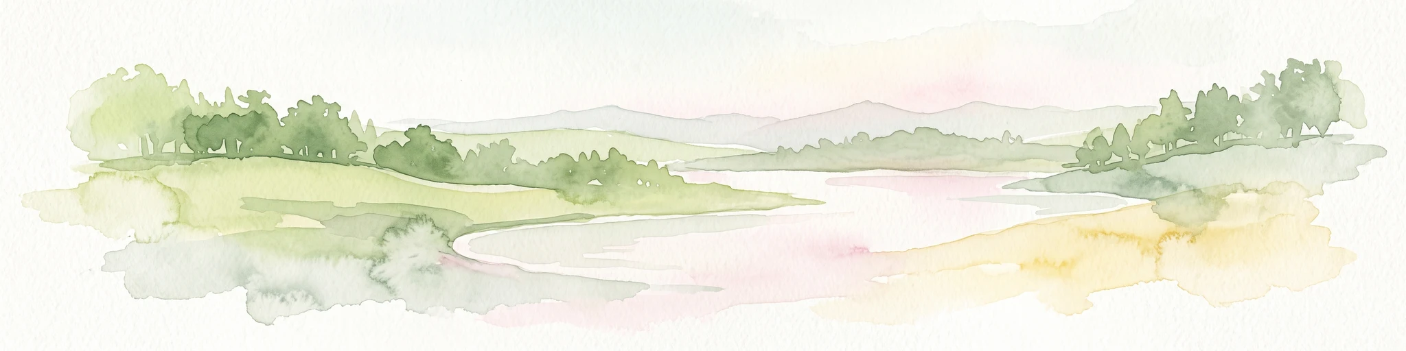 Watercolor painting of a coastal landscape with green trees, rolling hills, and light water reflections.